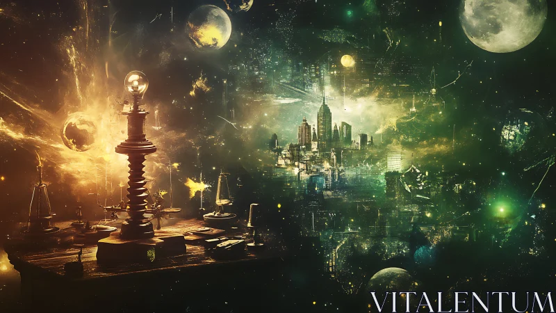 Laboratory desk merging with cosmic cityscape environment.