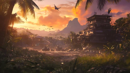 Tropical ruins at sunset with architectural decay and dramatic sky