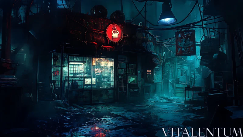 Cyberpunk alley workshop with neon skull signage at night.