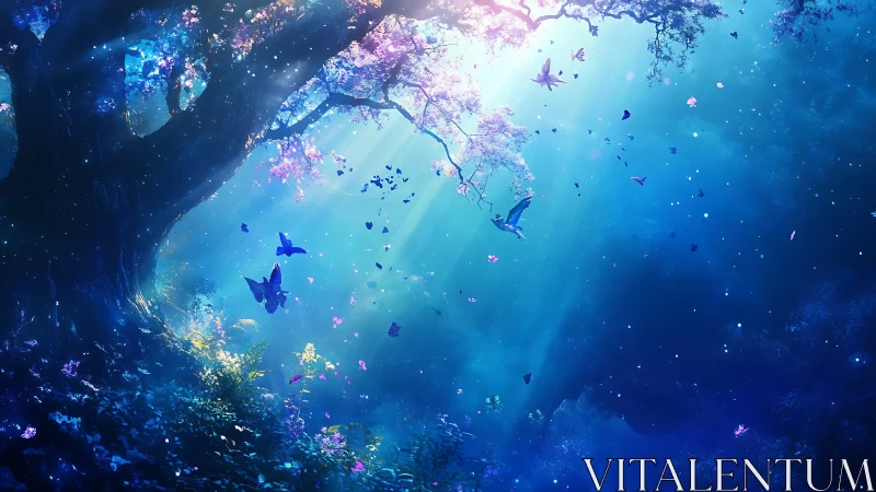 Luminescent forest canopy with butterflies in blue light.