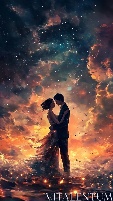 Couple Embracing in Cosmic Fire and Starlight