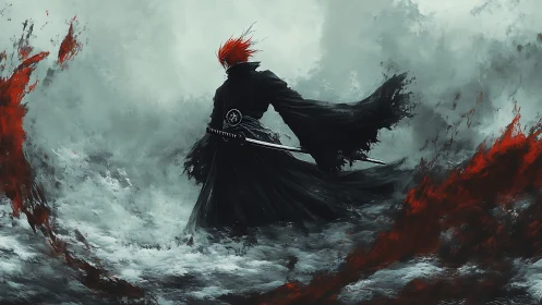 Lone red‑haired swordsman wandering a storm of ashes.