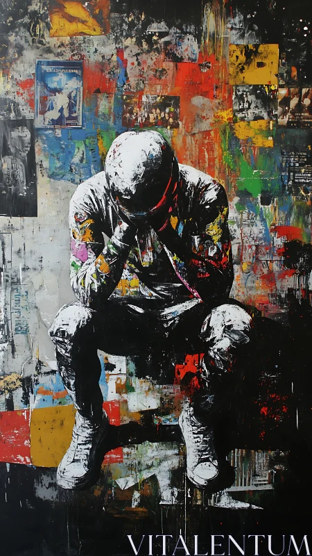 Seated figure with bowed head amid layered urban wall collage.