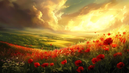 Sunlit poppy meadow glows beneath dramatic storm clouds
