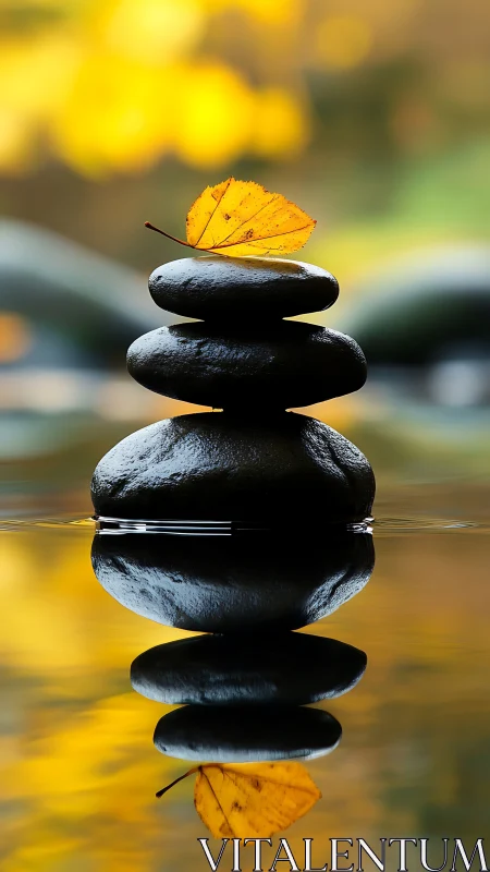 Golden leaf crowns zen stones above a mirrored autumn pool.