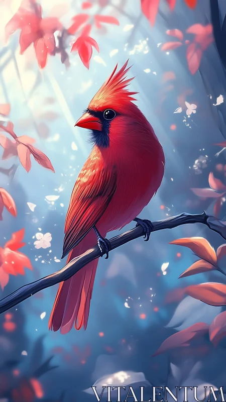 Crimson cardinal perched in luminous fantasy forest.