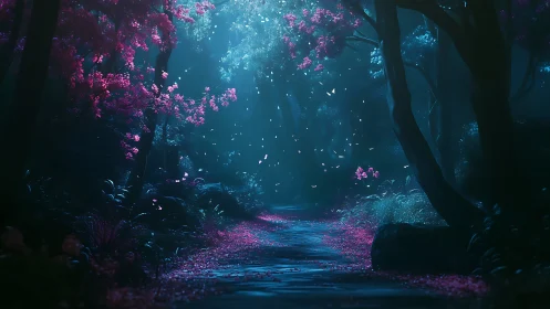 Bioluminescent Canyon: Where Magenta Blooms Drift Through Twilight.