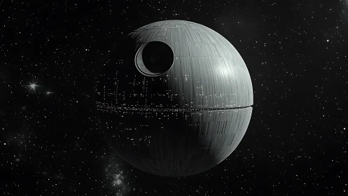 Spherical gray battle station drifts alone in deep space