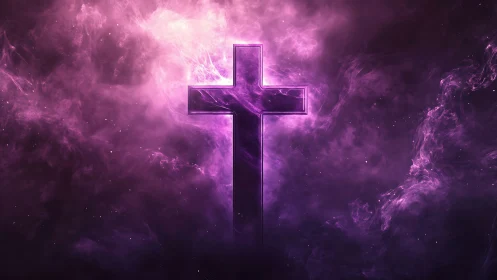 Glowing magenta cross silhouette within volumetric nebula haze