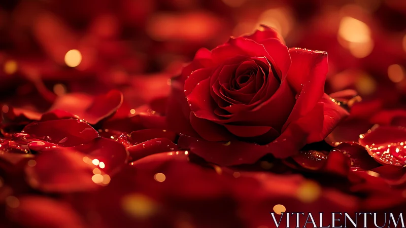 Deep crimson rose rests among luminous petals.