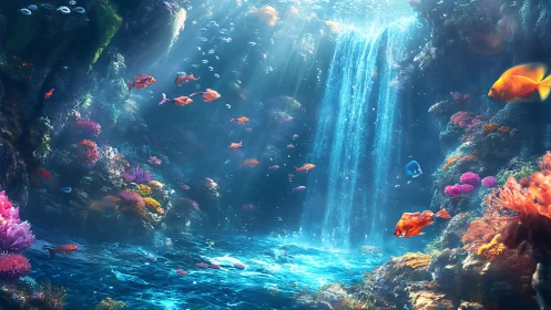 Luminous undersea waterfall with vibrant coral reef life.