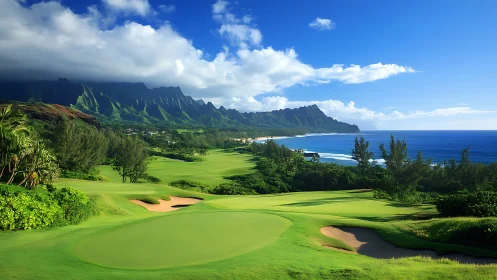 Sunlit coastal golf course rests beside dramatic green cliffs