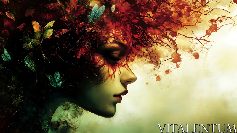 Surreal profile portrait with botanical hair and butterflies.
