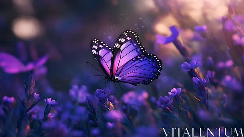 Purple butterfly over glowing violet meadow at sunset.