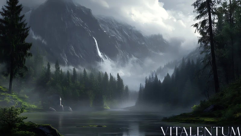 Misty Mountain Lake Surrounded by Coniferous Forests