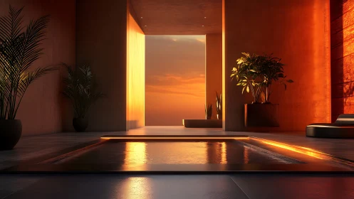Modern sunset spa suite glows with warm linear lighting.