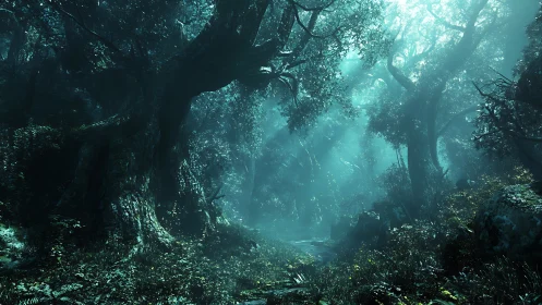 Mystical Forest Depths Where Ancient Trees Frame Ethereal Light