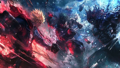 Triadic anime warriors collide amid red and blue energy fields