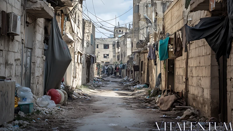 War-damaged alleyway framed by rubble, tarps and cables.