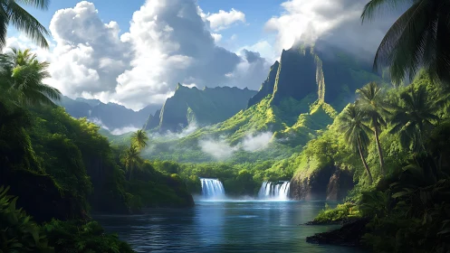 Tropical Paradise Valley: Waterfall Landscape with Mountain Peaks.