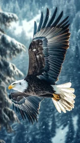 Bald eagle soars over snowy forest in crisp winter light.