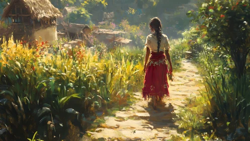 Village girl walking sunny garden path toward rustic huts.