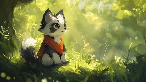 Curious little forest fox-cat enjoys a sunlit woodland pause