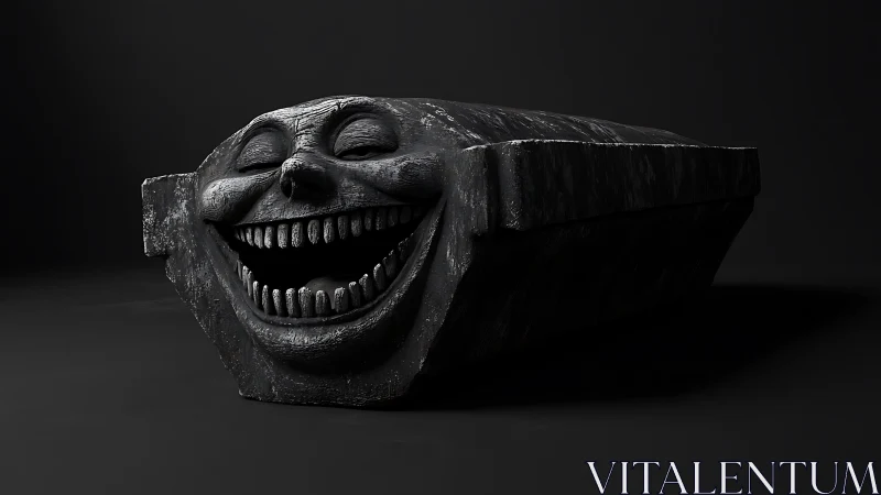 Playfully eerie stone coffin with a wide grinning face.