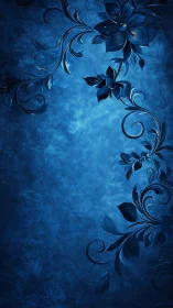 Ornate blue floral scrollwork on textured vertical background.