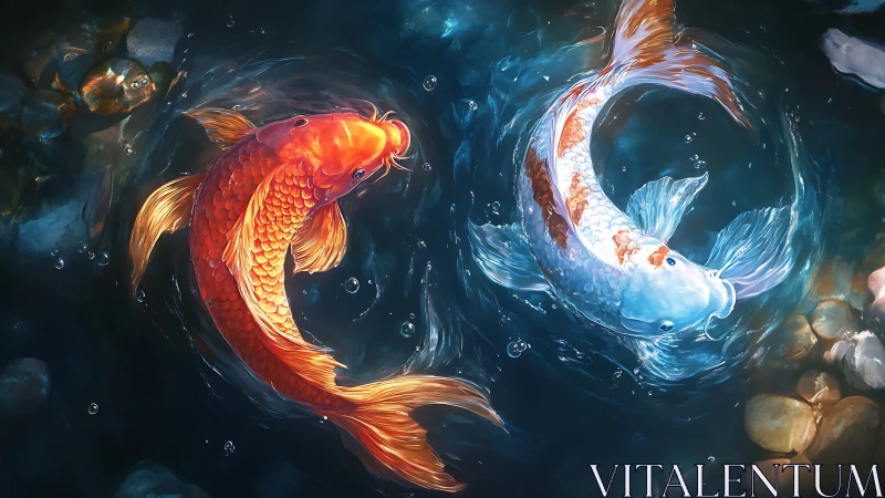 Twin koi circling in luminous rippling pond waters.