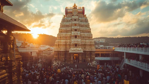 Golden Hindu temple tower glows against dramatic sunset sky