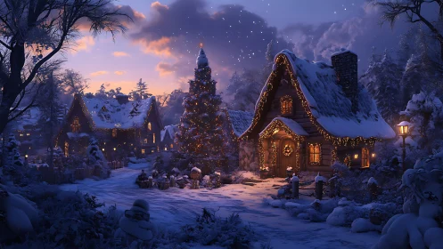 Snow-dusted cottage choir under twinkling winter starlight.