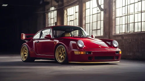 Widebody red Porsche 911 in soft industrial side lighting, low stance
