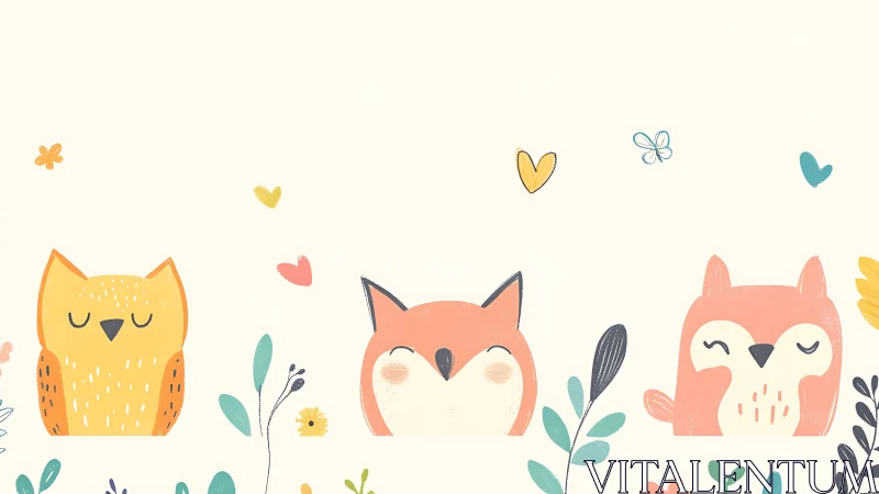 Cute woodland animals share a pastel, whimsical garden scene.