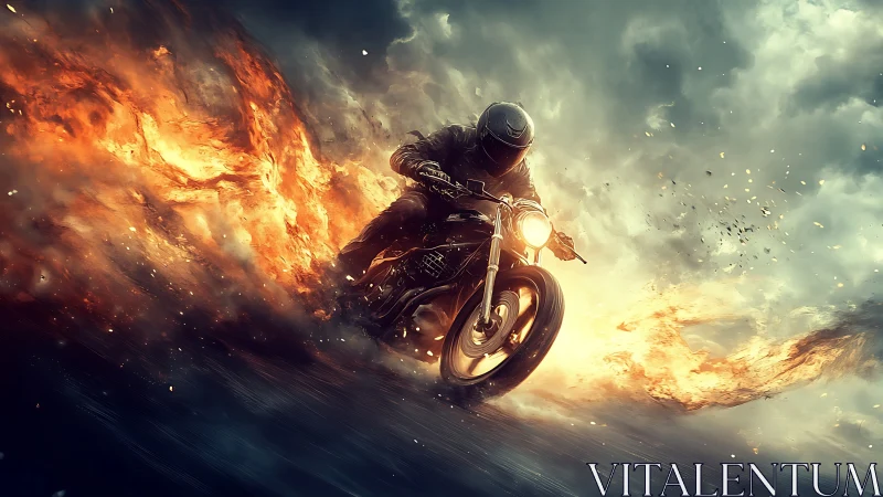 Fire-taming rider cuts through stormlight on a blazing road