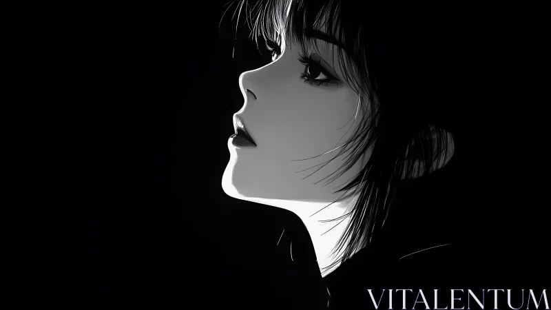 Side profile of stylized female head rendered in stark contrast