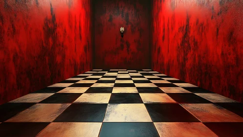 Chessboard corridor swallowed by searing crimson walls.