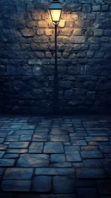 Midnight lamppost spilling amber hush on slick cobblestones.