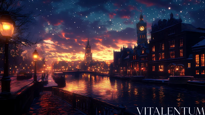 Snowlit canal city under glowing sunset sky at dusk.