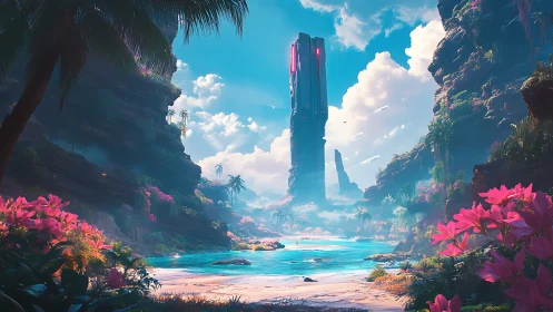 Cyberpunk Paradise: Towering Spire Over Bioluminescent Lagoon