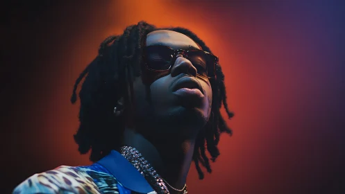 Low-angle portrait uses rim lighting and warm bokeh gradient background