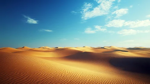 Sunlit desert dunes under clear blue sky at midday.