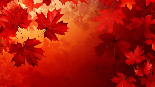 Red maple leaves scattered on warm orange gradient background.