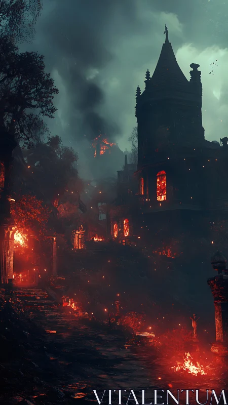Gothic Castle Engulfed in Apocalyptic Flames.