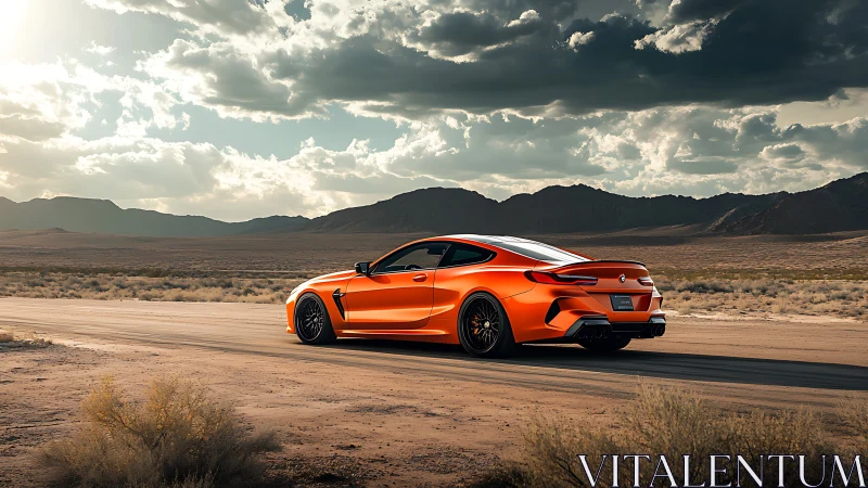 Orange sports coupe glows against vast desert highway sunset