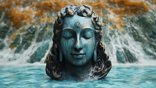 Serene stone deity head floats before cascading waterfall