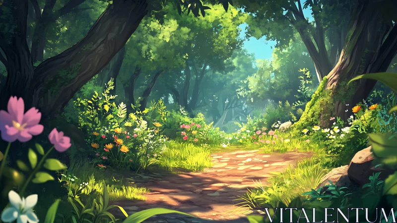 Enchanted Forest Path Through Ancient Trees.