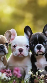 Tri-color French bulldog puppies in shallow-depth garden portrait