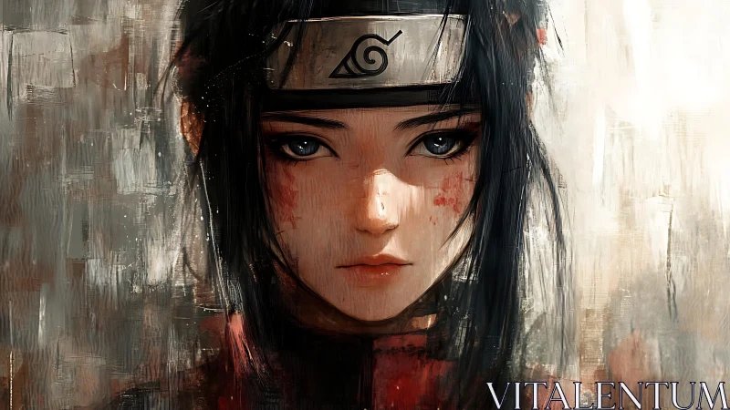 Digital painting portrait of stoic kunoichi with textured field.