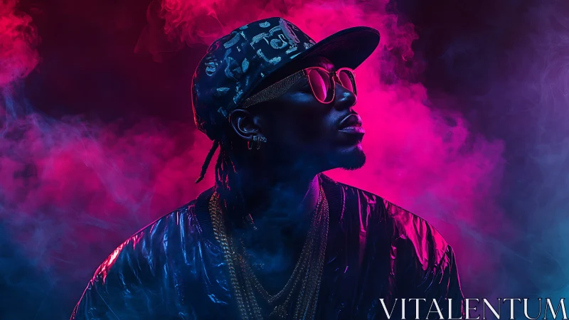Neon-drenched hip-hop icon drifting through electric haze.